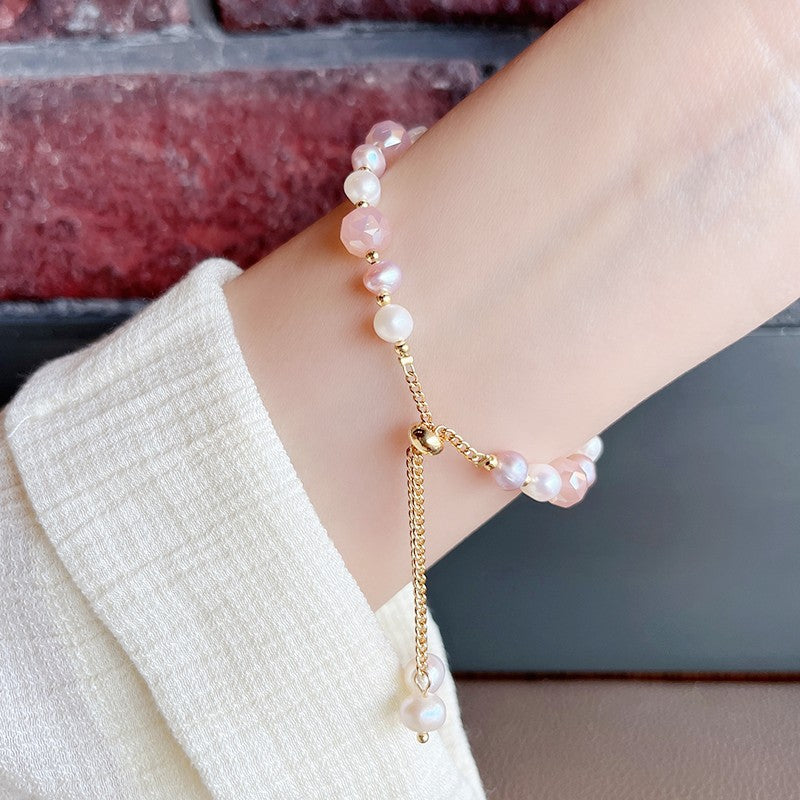 Serenemyst Natural Pearl Rose Quartz Alloy Chain Healing Charm Bracelet