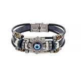 Serenemyst Stainless Steel Turkish Blue Eye Eight-Petal Flower Cow Leather Cord Clasp Bracelet