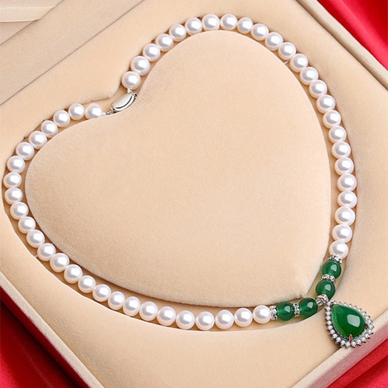 Serenemyst Natural White Round Pearl Zircon Pendant Purity Healing Necklace