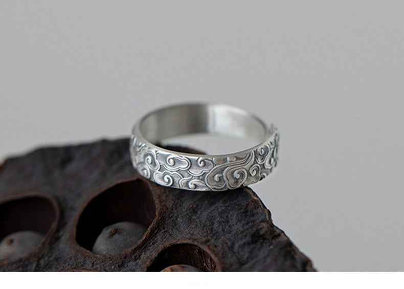 Serenemyst 999 Pure Silver Carved Cloud Pattern Adjustable Open Ring