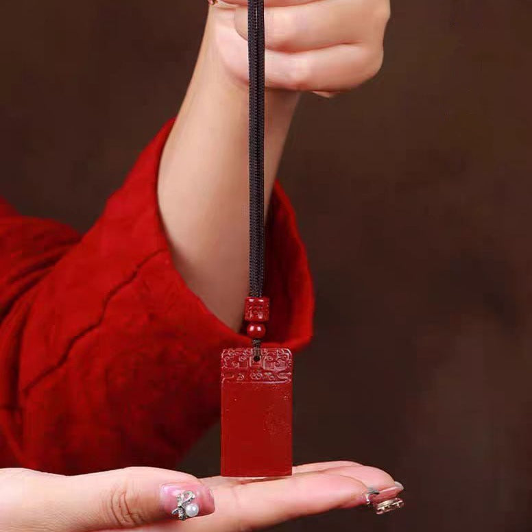 Serenemyst Natural Cinnabar Plain Meander‌ Pattern Peace Protection Pendant Necklace