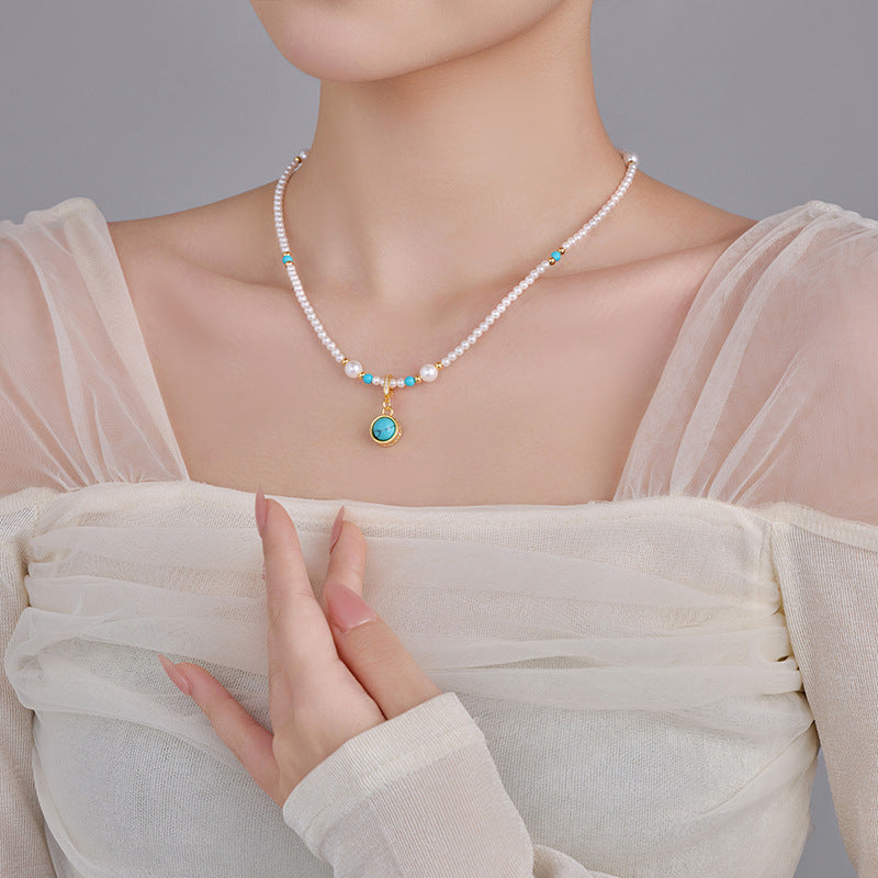 Serenemyst Turquoise Copper Gold-Plated White Pearl Healing Calm Necklace