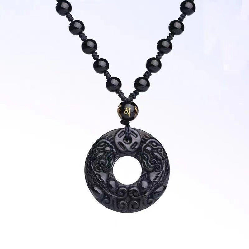 Serenemyst Obsidian Pixiu Round Button Pendant Necklace