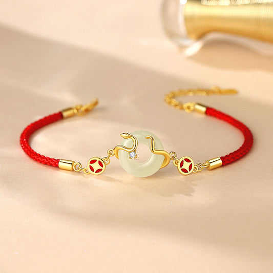 Serenemyst Red String Golden Snake Jade Peace Buckle Fortune Bracelet