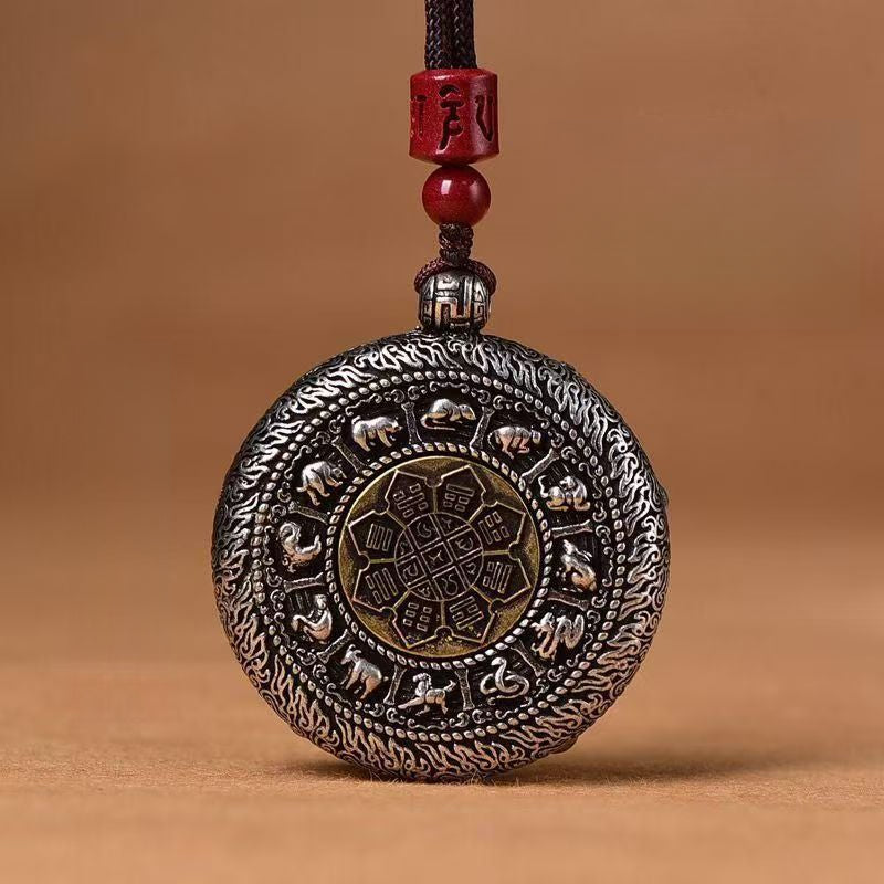 Serenemyst Tibetan Sterling Silver Cinnabar Taoist Mantra Bagua Protection Pendant Necklace