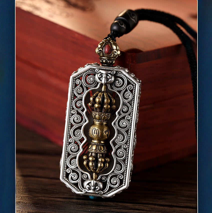 Serenemyst Silver-Plated Copper Eight Treasures Pattern Square Pendant with Vajra for Protection