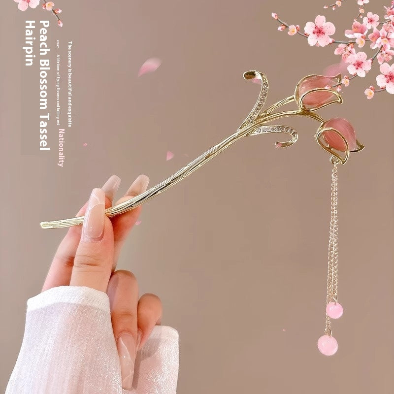 Serenemyst Classical Chinese Style Peach Blossom Tassel Healing Hairpin