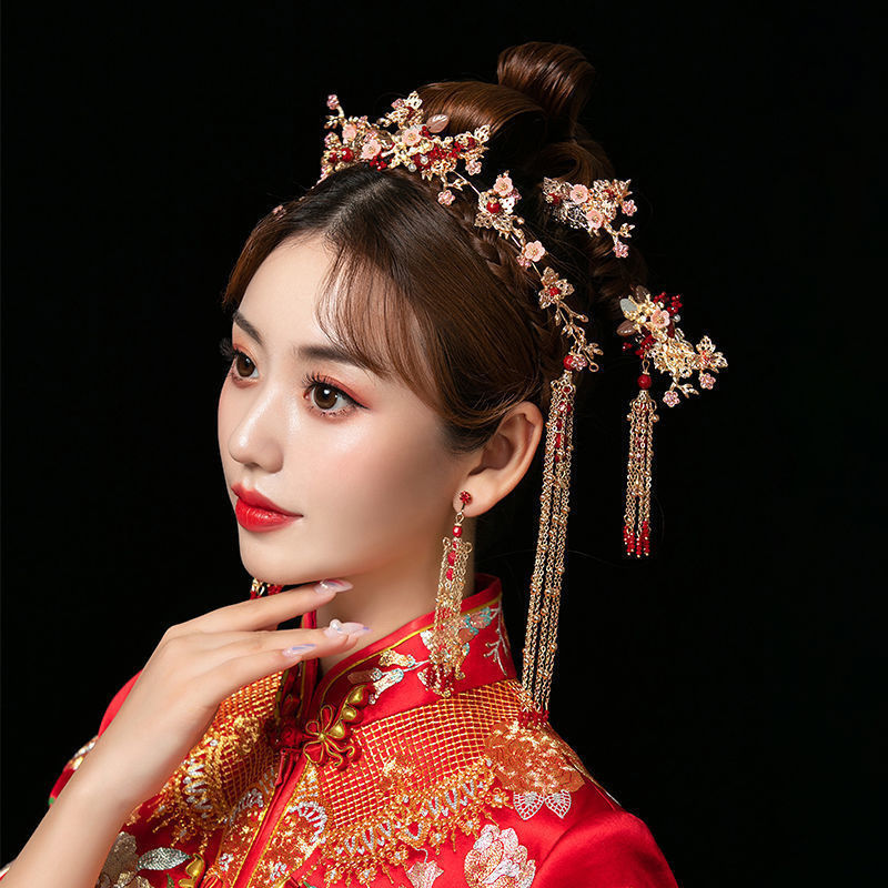Serenemyst Chinese Style Wedding Bride Gold Plated Plum Blossom Pearls Tassel Hairpin Earrings Set
