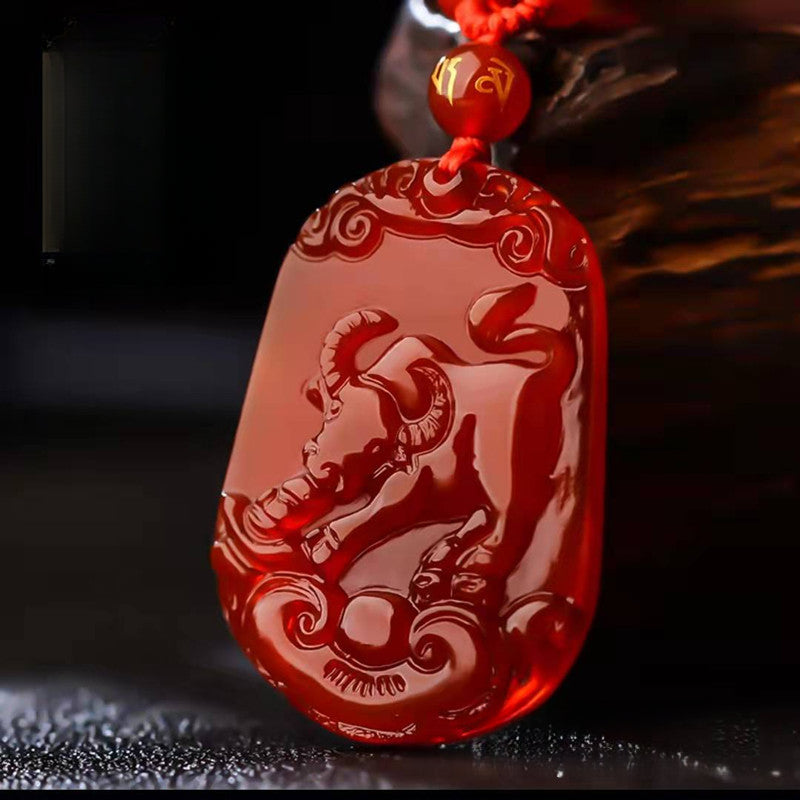 Serenemyst Natural Red Agate Carved Chinese Zodiac Protection Pendant