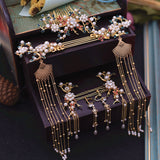 Serenemyst Chinese Style Wedding Bride Golden Fringed Phoenix Crown Set Pearl Hairpin Earrings Set