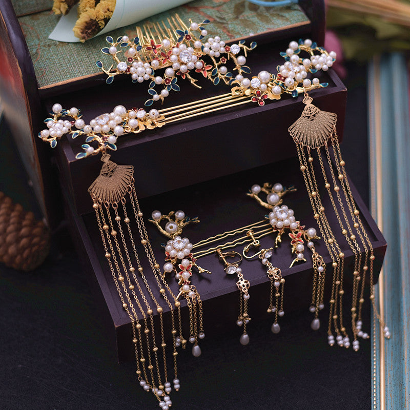 Serenemyst Chinese Style Wedding Bride Golden Fringed Phoenix Crown Set Pearl Hairpin Earrings Set