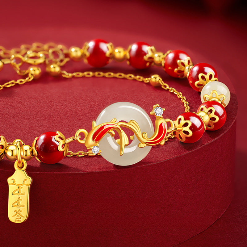 Serenemyst Cinnabar Koi Fish Jade Peace Buckle Fortune Double-Layer Bracelet