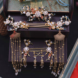 Serenemyst Chinese Style Wedding Bride Golden Fringed Phoenix Crown Set Pearl Hairpin Earrings Set