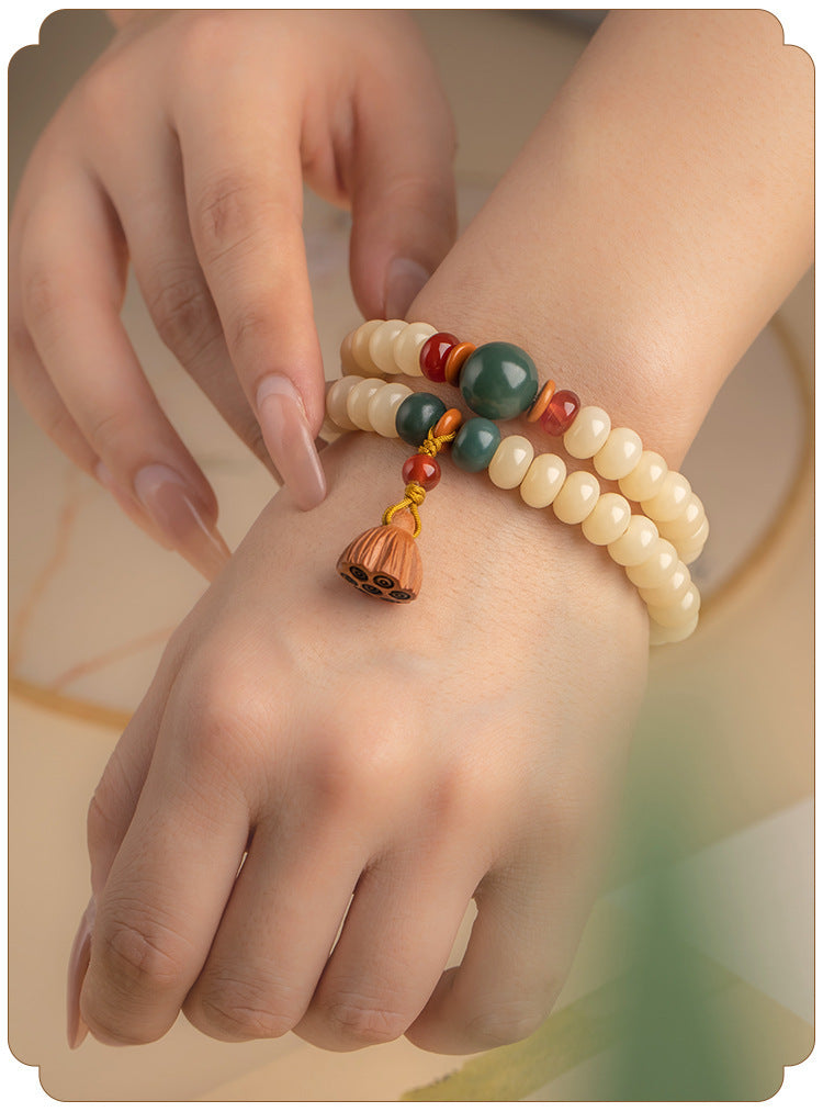 Serenemyst Handmade Bodhi Root Jade Beads  Lotus-Pod Pendant Harmony Mala Bracelet