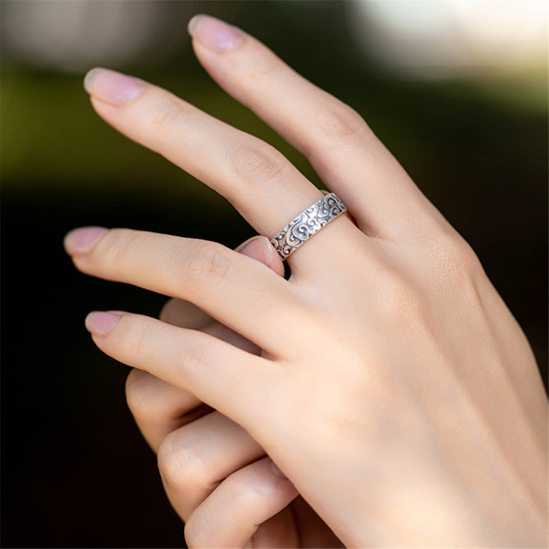 Serenemyst 999 Pure Silver Carved Cloud Pattern Adjustable Open Ring