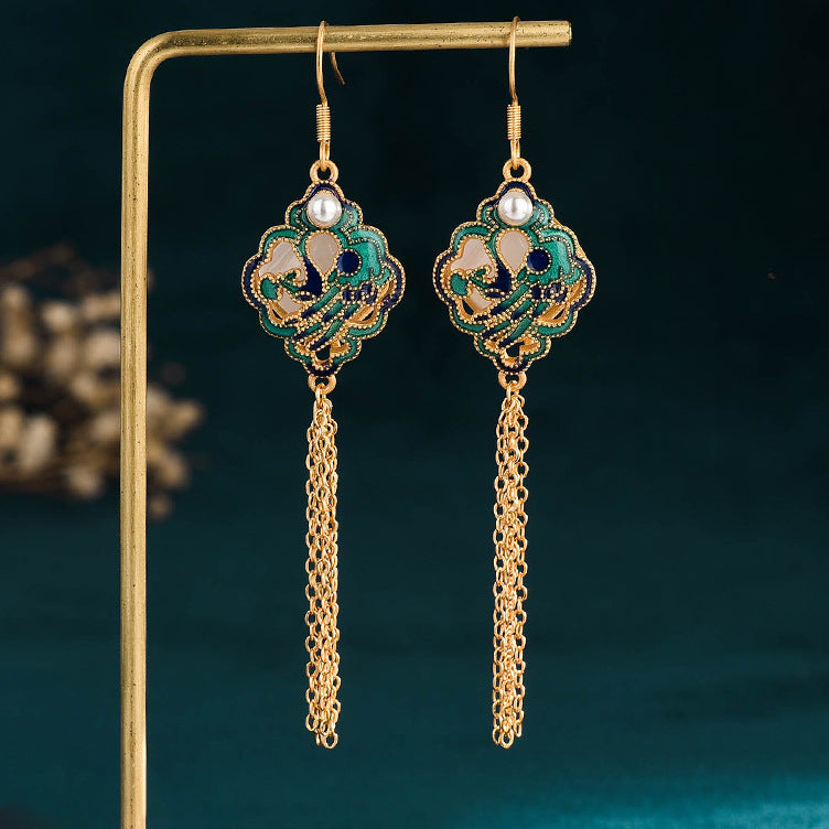 Serenemyst Chinese Ruyi Peace Lock Hetian Jade Tassel Earrings