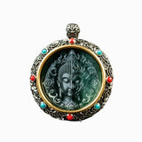 Serenemyst Tibetan Silver Natural Jade Half Buddha Half Devil Protection Pendant