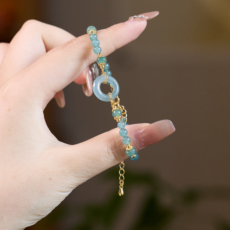 Serenemyst Blue Jade Beads Peace Buckle Copper Gold-Plated Chain Protection Bracelet