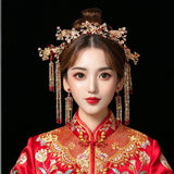 Serenemyst Chinese Style Wedding Bride Gold Plated Plum Blossom Pearls Tassel Hairpin Earrings Set