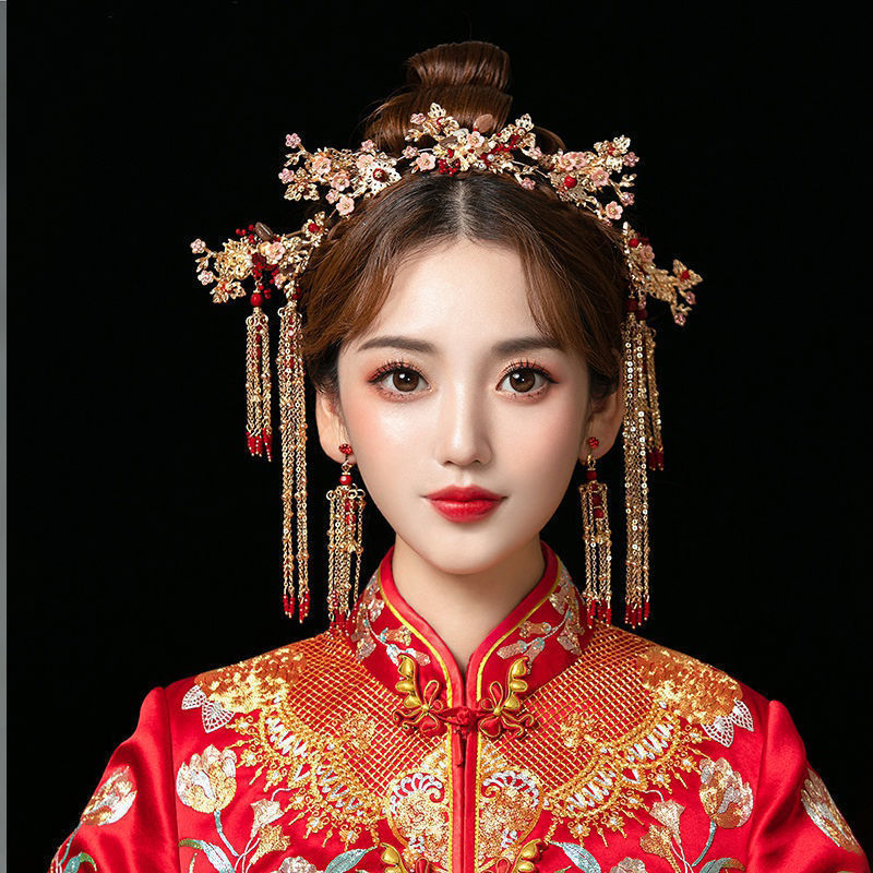 Serenemyst Chinese Style Wedding Bride Gold Plated Plum Blossom Pearls Tassel Hairpin Earrings Set