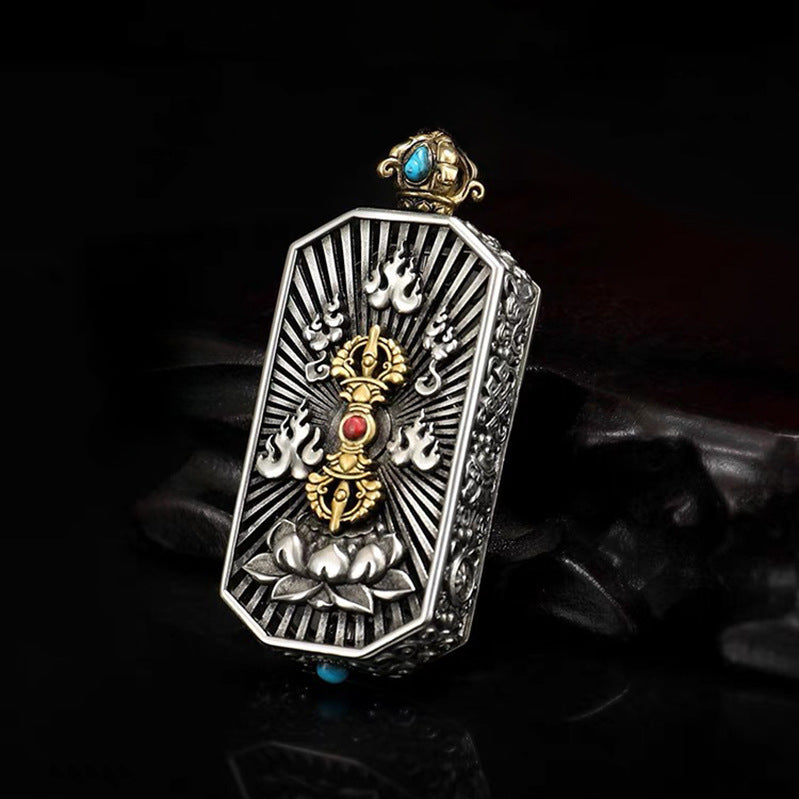 Serenemyst Silver-Plated Copper Eight Treasures Pattern Square Pendant with Vajra for Protection