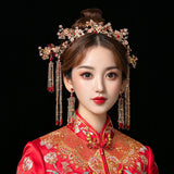 Serenemyst Chinese Style Wedding Bride Gold Plated Plum Blossom Pearls Tassel Hairpin Earrings Set