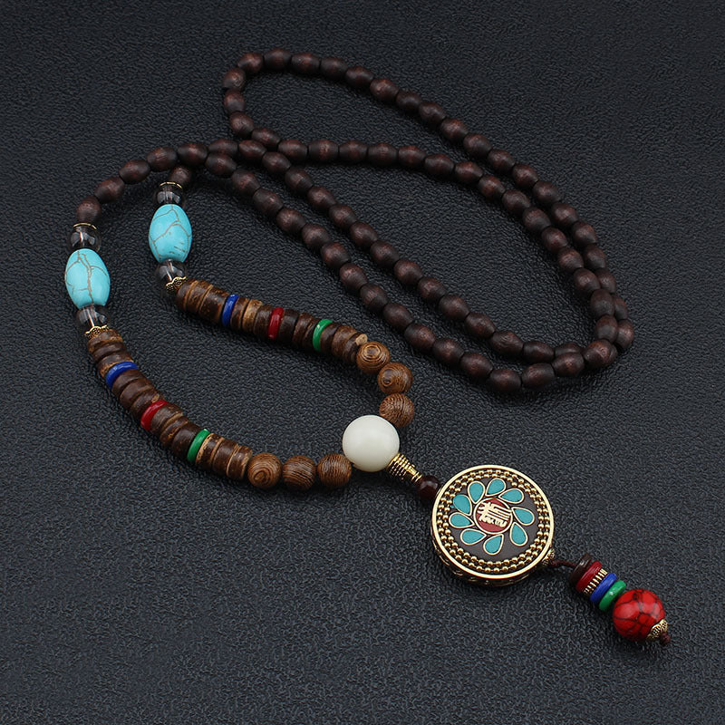 Serenemyst Vintage Nepalese Style Pendant Turquoise Wooden Mala Beads Peace Necklace
