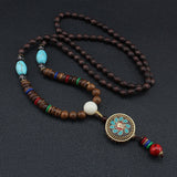 Serenemyst Vintage Nepalese Style Pendant Turquoise Wooden Mala Beads Peace Necklace