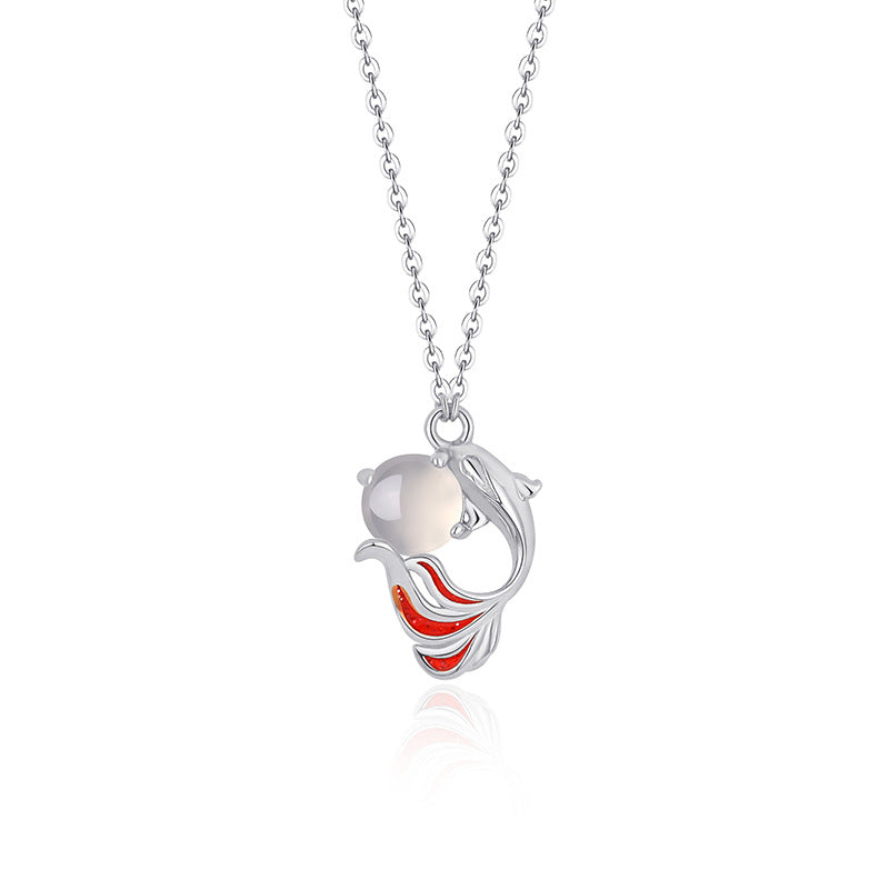 Serenemyst Sterling Silver Koi Fish Chalcedony Pendant Fortune Necklace