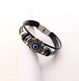 Serenemyst Stainless Steel Turkish Blue Eye Eight-Petal Flower Cow Leather Cord Clasp Bracelet