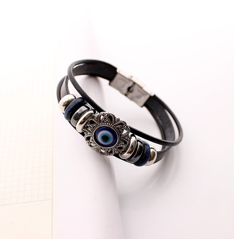 Serenemyst Stainless Steel Turkish Blue Eye Eight-Petal Flower Cow Leather Cord Clasp Bracelet