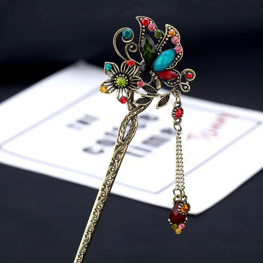 Serenemyst Handmade Retro Gemstone Plum Blossom Butterfly Style
 Long Tassel Blessing Hairpin