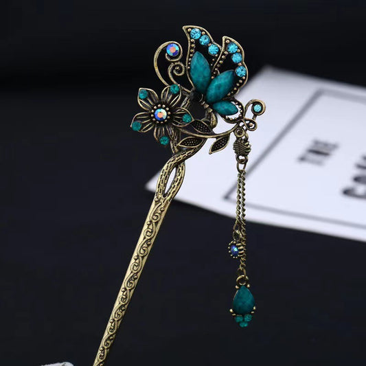 Serenemyst Handmade Retro Gemstone Plum Blossom Butterfly Style
 Long Tassel Blessing Hairpin