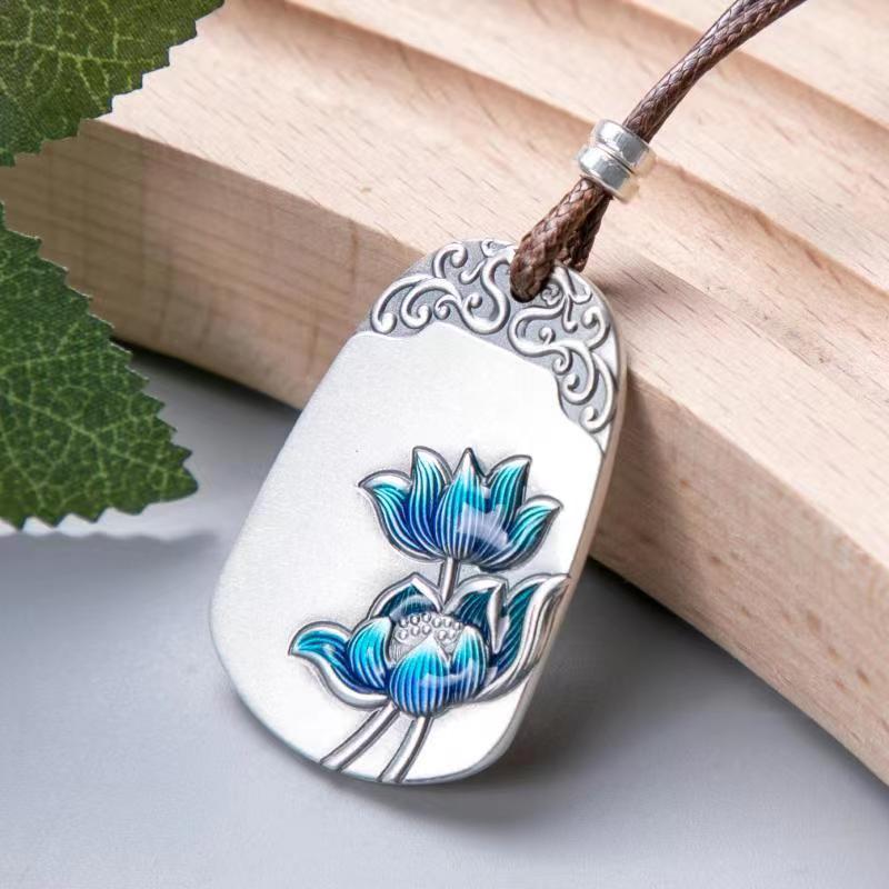 Serenemyst Retro Sterling Silver Water Pattern Cloisonne Lotus Pendant Protection Necklace
