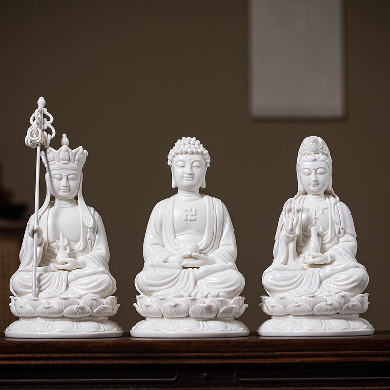 Serenemyst White Ceramic Protection Statue Decoration of Ksitigarbha Guanyin and Sakyamuni Buddha