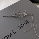 Serenemyst Handmade Alloy Silver-Plated Lotus Floral Long Tassel Healing Hairpin