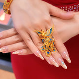 Serenemyst Handmade Enamel Gradient Color Feather Gold Phoenix Wealth Ring
