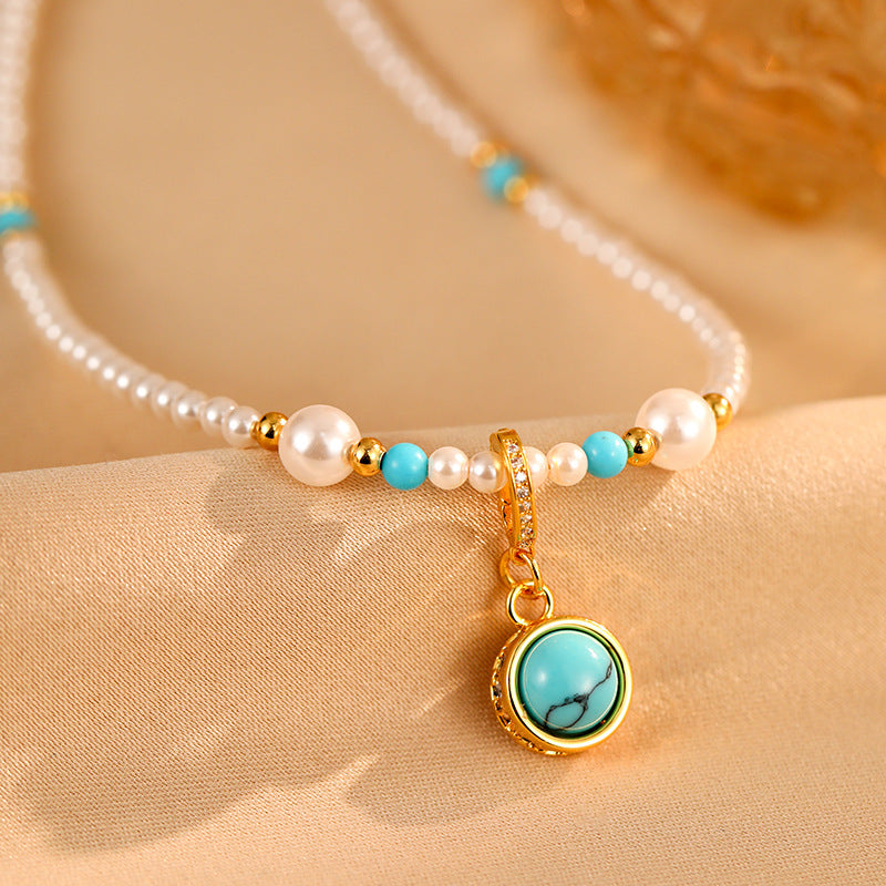 Serenemyst Turquoise Copper Gold-Plated White Pearl Healing Calm Necklace