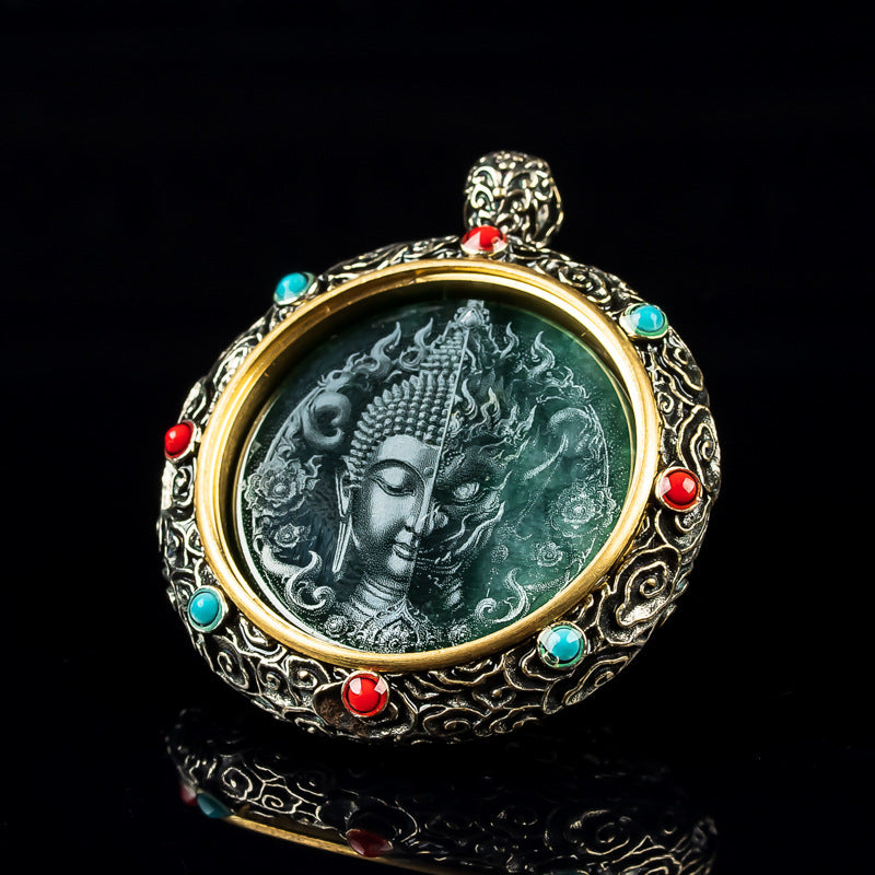 Serenemyst Tibetan Silver Natural Jade Half Buddha Half Devil Protection Pendant