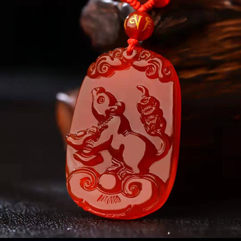 Serenemyst Natural Red Agate Carved Chinese Zodiac Protection Pendant