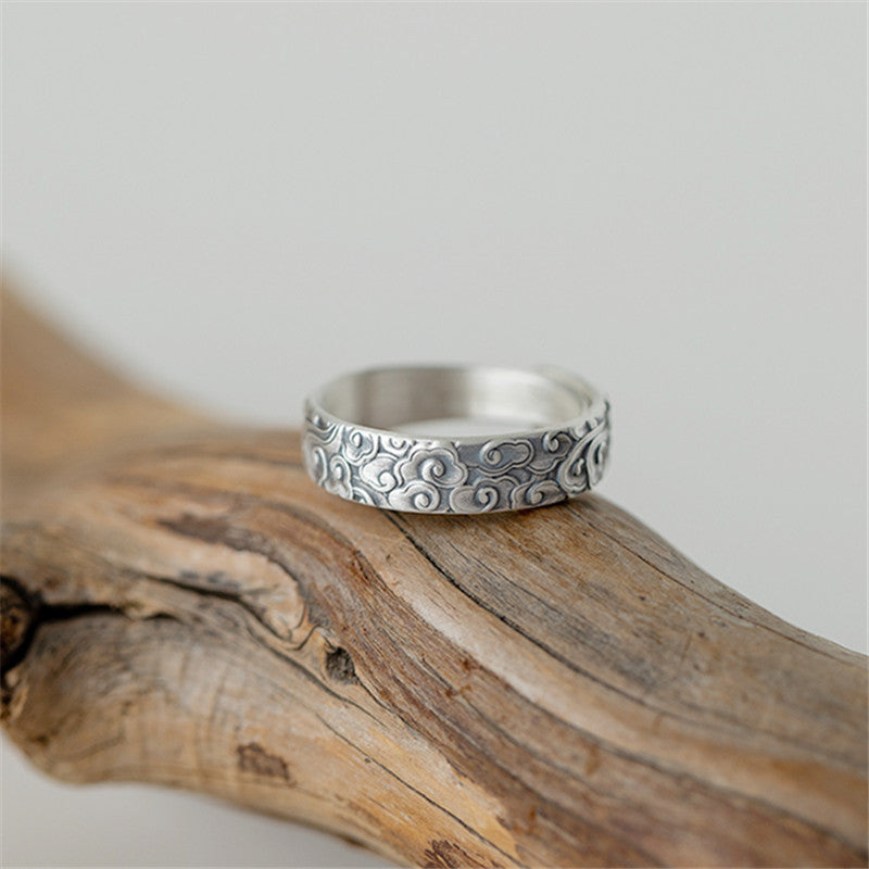 Serenemyst 999 Pure Silver Carved Cloud Pattern Adjustable Open Ring