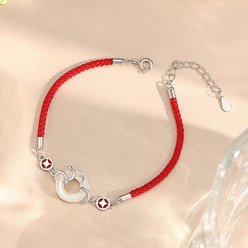 Serenemyst Red String Golden Snake Jade Peace Buckle Fortune Bracelet