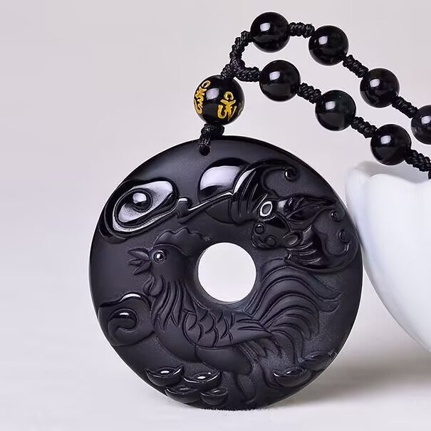 Serenemyst Natural Obsidian Carved Chinese Zodiac Peace Buckle Protection Pendant