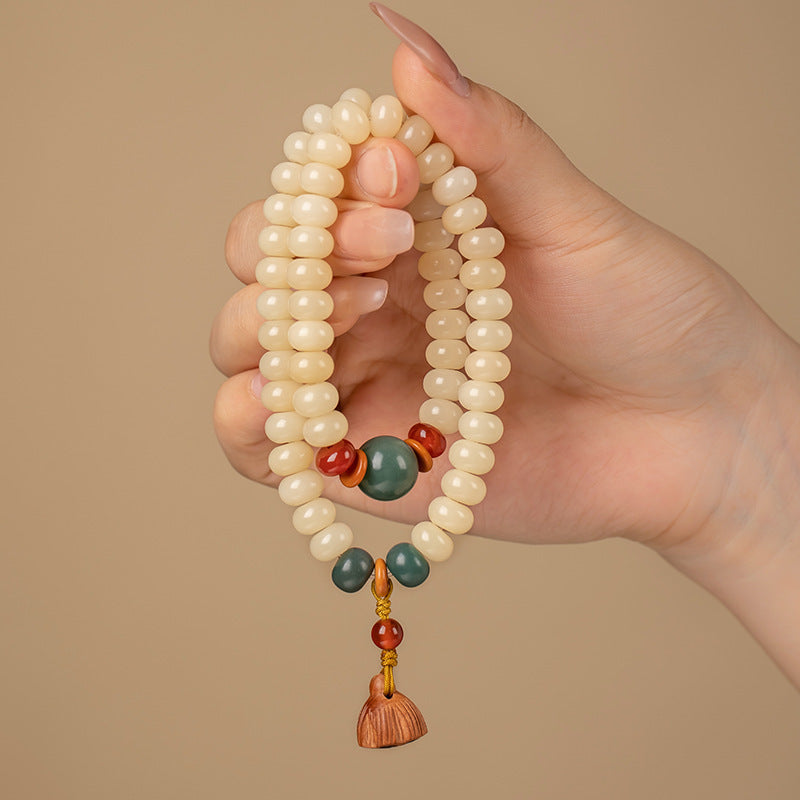 Serenemyst Handmade Bodhi Root Jade Beads  Lotus-Pod Pendant Harmony Mala Bracelet