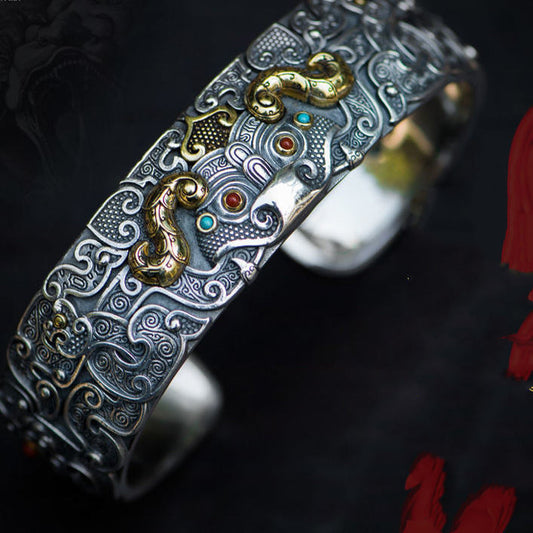 Serenemyst Handmade Silver Retro Domineering Carving Pixiu Bracelet