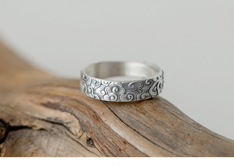 Serenemyst 999 Pure Silver Carved Cloud Pattern Adjustable Open Ring