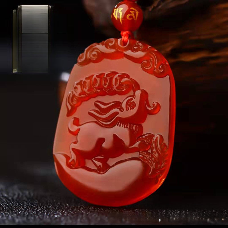 Serenemyst Natural Red Agate Carved Chinese Zodiac Protection Pendant