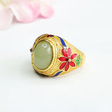 Serenemyst Vintage Enamel Inlaid Hetian Jade Flowers Fortune Ring