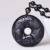 Serenemyst Natural Obsidian Carved Chinese Zodiac Peace Buckle Protection Pendant