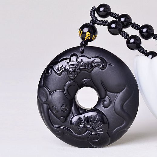 Serenemyst Natural Obsidian Carved Chinese Zodiac Peace Buckle Protection Pendant